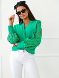 Romildi Women's V-Neck Casual Blouse Lace Long Sleeve Shirt Lantern Sleeve Top Work Button T-Shirt