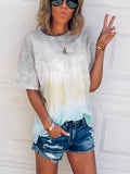 Romildi Tie Dye Color Block T-Shirt, Crew Neck Short Sleeve T-Shirt, Casual Every Day Tops, Women's Clothing