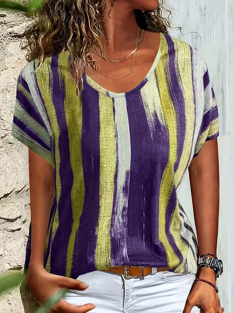 Romildi Geometric Graphic Print V Neck T-shirt, Casual Loose Short Sleeve Summer T-Shirts Tops, Women's Clothing