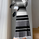 Romildi Striped Print Long Sleeve Knit Dress, Elegant Crew Neck A-line Dress, Women's Clothing
