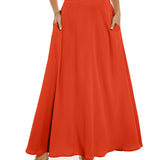 Romildi Romildi Pleated Long Skirt, Loose Solid Casual Skirt For Spring & Summer, Women's Clothing