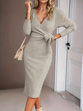 Romildi Tie Front Solid Bodycon Dress, Elegant V Neck Long Sleeve Dress, Women's Clothing