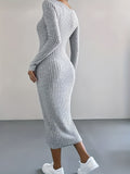 Romildi Solid Rib Knit Sweater Dress, Elegant V Neck Long Sleeve Midi Dress, Women's Clothing