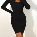 Romildi Solid Rib Knit Sweater Dress, Sexy High Neck Zipper Cut Out Slim Dress, Women's Clothing