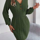 Romildi Cable Knit Sweater Dress, Casual V Neck Long Sleeve Dress, Women's Clothing