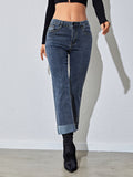 Romildi Raw Hem Rolled Legs Mid Rise Slim Fit Straight Legs High Stretchy Washed Blue Color Vintage Straight Jeans, Women's Denim Jeans