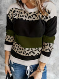 Romildi Leopard Print Color Block Knit Sweater, Casual Crew Neck Long Sleeve Sweater, Women's Clothing