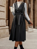 Romildi Solid Lapel Belted Dress, Elegant Faux Leather Sleeveless Dress, Women's Clothing