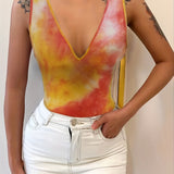 Romildi Tie Dye Plunging Neck Tank Top, Casual Sleeveless Tank Top For Summer, Women's Clothing