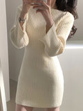 Romildi Solid Boat Neck Sweater Dress, Elegant Long Sleeve Bodycon Knitted Dress, Women's Clothing