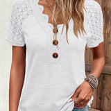 Romildi Contrast Lace Ribbed V Neck T-Shirt, Casual Button Front Short Sleeve Top For Spring & Summer, Women's Clothing