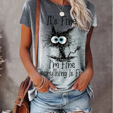 Romildi Letter & Cat Print T-Shirt, Crew Neck Short Sleeve T-Shirt, Casual Every Day Tops, Women's Clothing