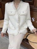 Romildi Solid Button Front Tassel Cardigan, Elegant Long Sleeve Drop Shoulder Outwear, Women's Clothing