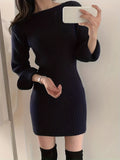 Romildi Solid Boat Neck Sweater Dress, Elegant Long Sleeve Bodycon Knitted Dress, Women's Clothing