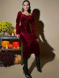 Romildi Ruched Sweetheart Neck Dress, Vintage Long Sleeve Bodycon Dress, Women's Clothing
