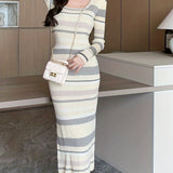 Romildi Striped Bodycon Midi Dress, Elegant Scoop Neck Long Sleeve Dress, Women's Clothing