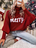 High Collar Loose Bat Sleeve Autumn and Winter Letter Knitted Sweater, Merry Christmas Women's Top