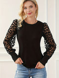 Romildi Leopard Illusion Sleeve Top, Casual Crew Neck Slim Top, Women's Clothing