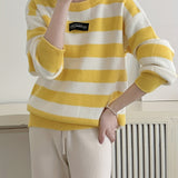 Romildi Striped Crew Neck Pullover Sweater, Elegant Long Sleeve Loose Sweater, Women's Clothing