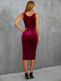 Romildi Solid Bodycon Velvet Tank Dress, Elegant Square Neck Split Hem Dress, Women's Clothing