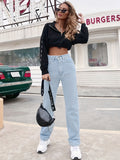 Romildi Solid Color Straight Leg High Rise Denim Pants, Slant Pockets Button Causal Street Style Jeans, Women's Denim Jeans & Clothing