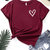 Romildi Heart Print Graphic T-Shirt, Short Sleeve Crew Neck Casual Top For Spring & Summer, Women's Clothing