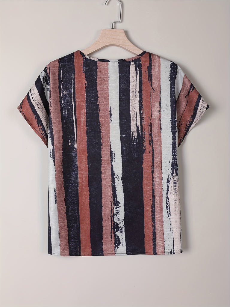 Romildi Random Print V Neck T-Shirt, Casual Every Day Top For Summer & Spring, Women's Clothing