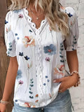 Romildi Floral Print V Neck Lace Trim Blouse, Boho Puff Sleeve Blouse For Summer, Women's Clothing