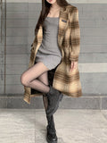 Romildi Plaid Print Double-breasted Coat, Elegant Notched Collar Long Sleeve Knee Length Coat, Women's Clothing