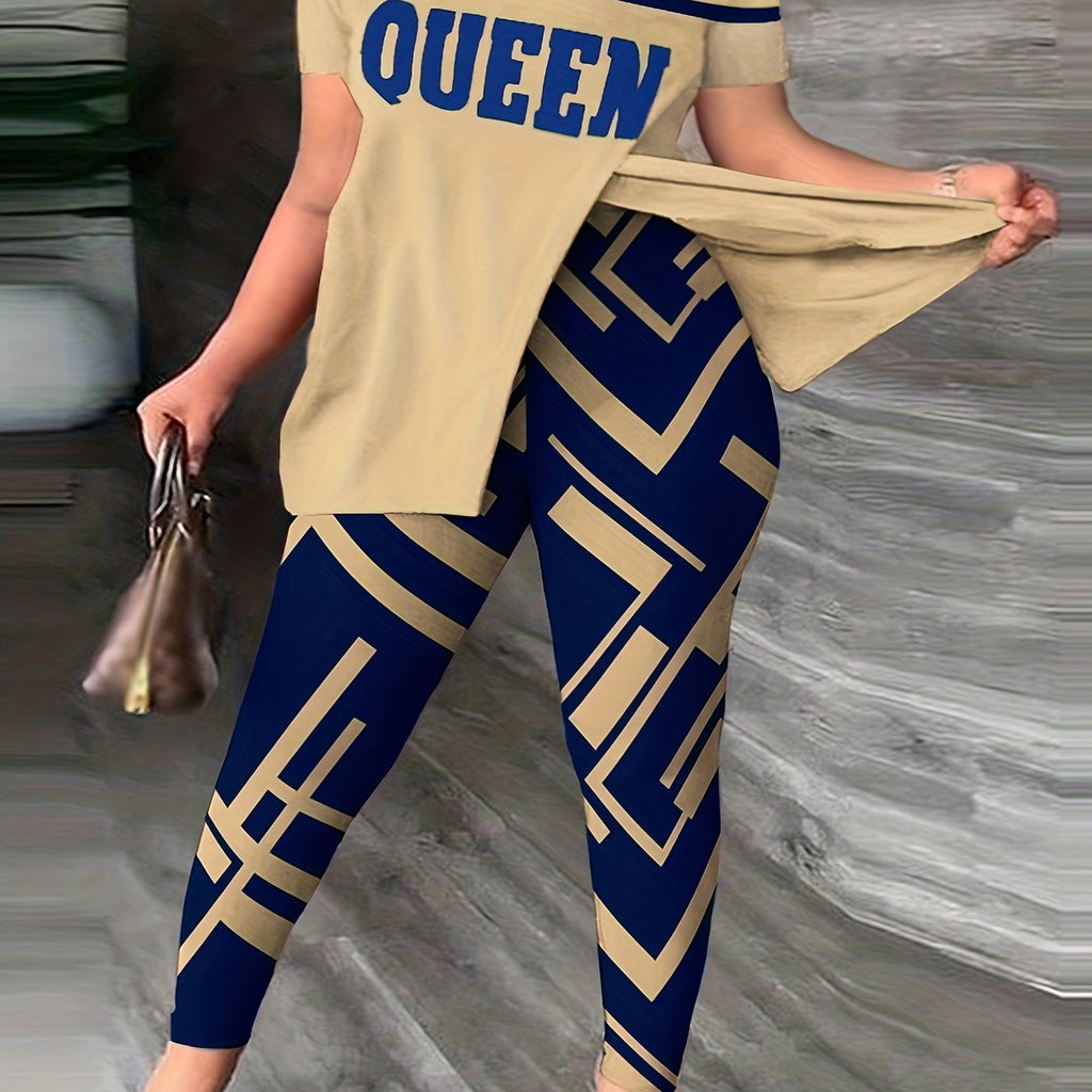 Romildi Plus Size Casual Outfits Two Piece Set, Women's Plus Colorblock Letter Print One Shoulder Split Hem Medium Stretch Top & Leggings Outfits 2 Piece Set