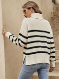 Romildi Striped Turtle Neck Pullover Sweater, Casual Long Sleeve Split Sweater, Women's Clothing