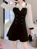 Romildi Color Block 2 In 1 Dress, Elegant Long Sleeve Chain Midi Dress, Women's Clothing