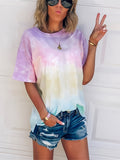 Romildi Tie Dye Color Block T-Shirt, Crew Neck Short Sleeve T-Shirt, Casual Every Day Tops, Women's Clothing