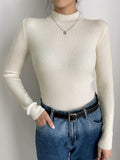 Romildi High Neck Rib Knit Sweater, Casual Solid Long Sleeve Sweater, Women's Clothing