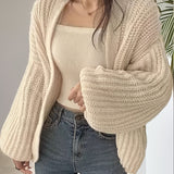 Romildi Solid Open Front Knit Cardigan, Casual Long Sleeve Loose Slouchy Sweater, Women's Clothing