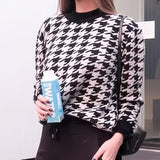 Romildi Houndstooth Print Knitted Sweater, Casual Long Sleeve Loose Sweater For Fall & Winter, Women's Clothing