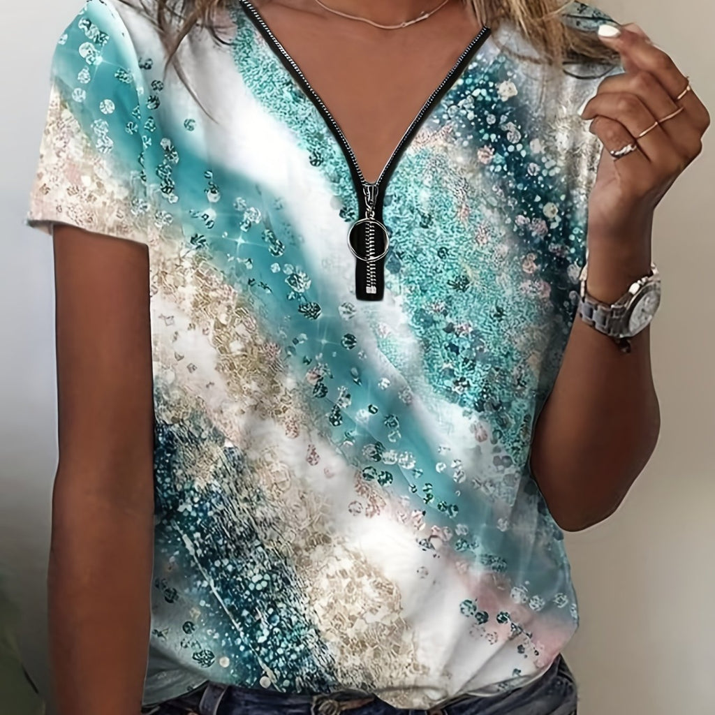 Romildi Marble Print Zipper T-shirt, Casual V Neck Short Sleeve Versatile T-shirt, Women's Clothing