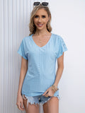 Romildi V Neck Eyelet T-Shirt, Solid Short Sleeve Casual Top For Summer & Spring, Women's Clothing