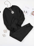 Romildi 2pcs Long Sleeve Casual Sports Sets, Fleece Liner Crew Neck Pullover Sweatshirt & Casual Loose Sweatpants, Women's Activewear