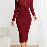 Romildi Solid Ribbed Two-piece Set, Button Front Long Sleeve Cardigan & Sleeveless Bodycon Dress Outfits, Women's Clothing