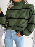 Romildi Striped Lantern Sleeve Sweater, Casual Turtle Neck Long Sleeve Sweater, Casual Tops For Fall & Winter, Women's Clothing