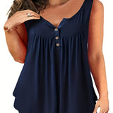 Romildi Plus Size Basic Tank Top, Women's Plus Plain Ruched V Neck Slight Stretch Henley Tank Top