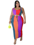 Romildi Romildi Plus Size Colorblock Ribbed Drawstring Tank Top & Slim Fit Skirt Sets, Women's Plus Medium Stretch 2pcs Sets