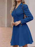 Romildi Elegant Button A-line Suit Coat Dress, Casual Long Sleeve Solid V-neck Double Breasted Waist Work Office Dresses, Women's Clothing
