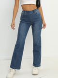 romildi  Elastic Waist Stretchy Straight Jeans, Loose Fit Slant Pockets Washed Denim Pants, Women's Denim Jeans & Clothing