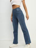 romildi  Elastic Waist Stretchy Straight Jeans, Loose Fit Slant Pockets Washed Denim Pants, Women's Denim Jeans & Clothing