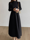 Romildi Ribbed Solid Color Dress, Elegant Mock Neck Long Sleeve Dress, Women's Clothing