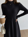 Romildi Ribbed Solid Color Dress, Elegant Mock Neck Long Sleeve Dress, Women's Clothing