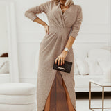 Romildi Sexy V-neck Slit Waist Dress, Casual Solid Asymmetrical Long Sleeve Long Dresses, Women's Clothing