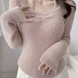 Romildi Solid Slim Halter Pullover Sweater, Casual Long Sleeve Cozy Sweater For Spring & Fall, Women's Clothing